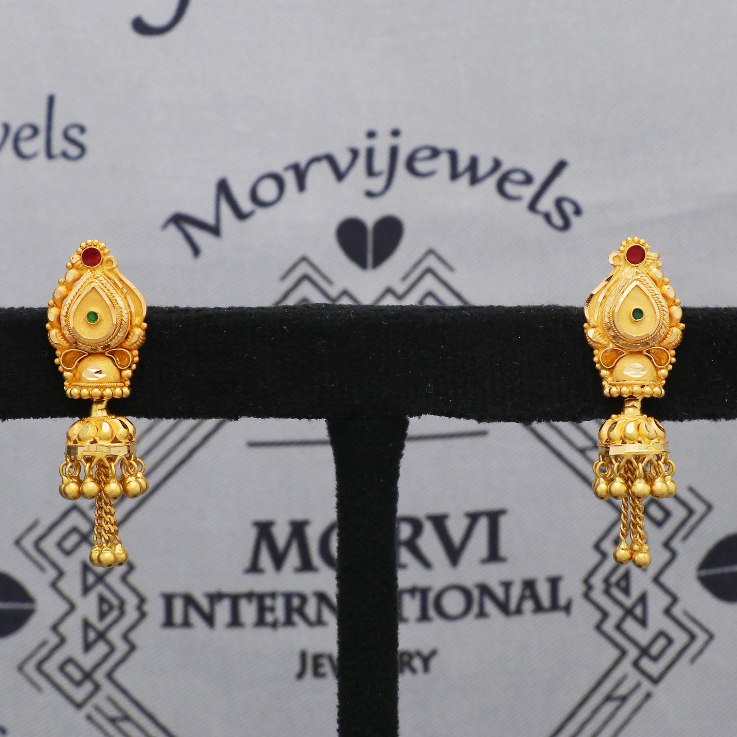 22k Yellow Gold Earrings Chain Beads For Women Indian Wedding Jewelry, K5600