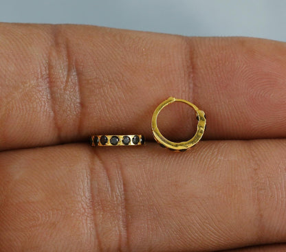 Dark Blue Stone 20k 18k Yellow Gold Hoop Bali Women Cartilage or Baby Earrings Small, Handmade Yellow gold earrings, gold earrings