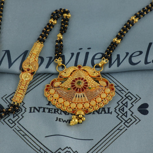 22k gold necklace mangalsutra with designer chain panels and black beads, Indian Wife Jewelry gift, Handcrafted Traditional Necklace, K6918