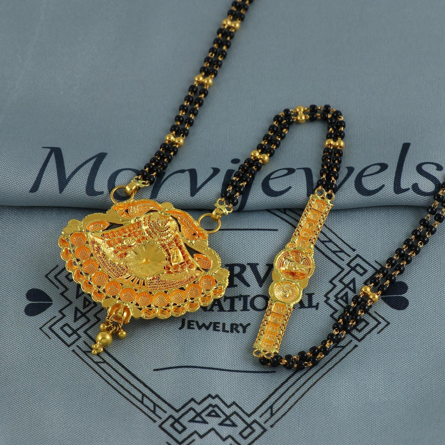 22k gold necklace mangalsutra with designer chain panels and black beads, Indian Wife Jewelry gift, Handcrafted Traditional Necklace, K6918