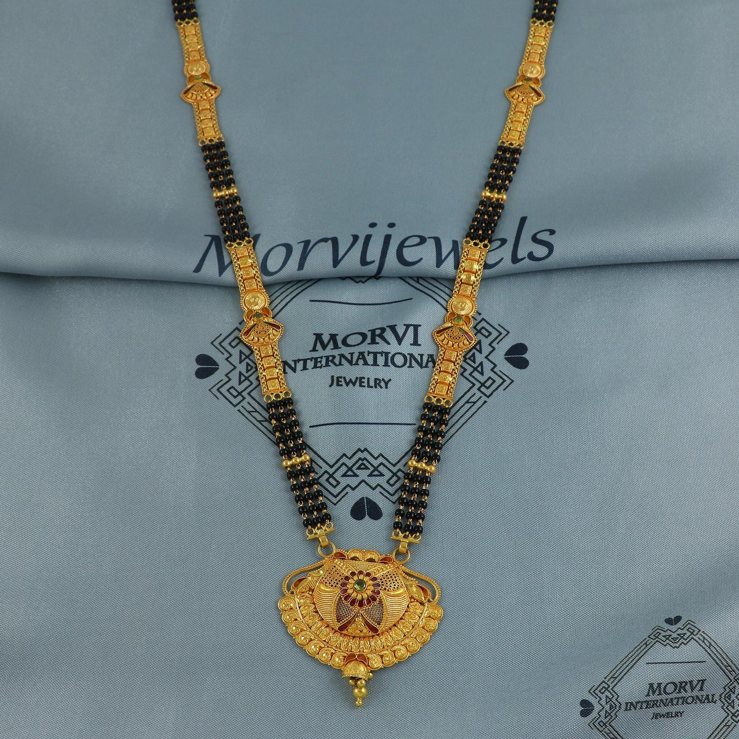 22k gold necklace mangalsutra with designer chain panels and black beads, Indian Wife Jewelry gift, Handcrafted Traditional Necklace, K6920
