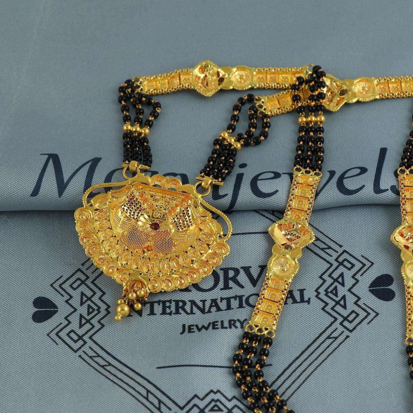 22k gold necklace mangalsutra with designer chain panels and black beads, Indian Wife Jewelry gift, Handcrafted Traditional Necklace, K6920