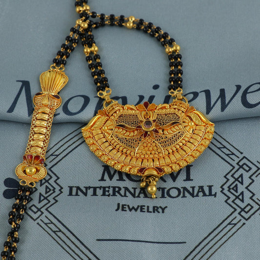 22k gold necklace mangalsutra with designer chain panels and black beads, Indian Wife Jewelry gift, Handcrafted Traditional Necklace, K6921
