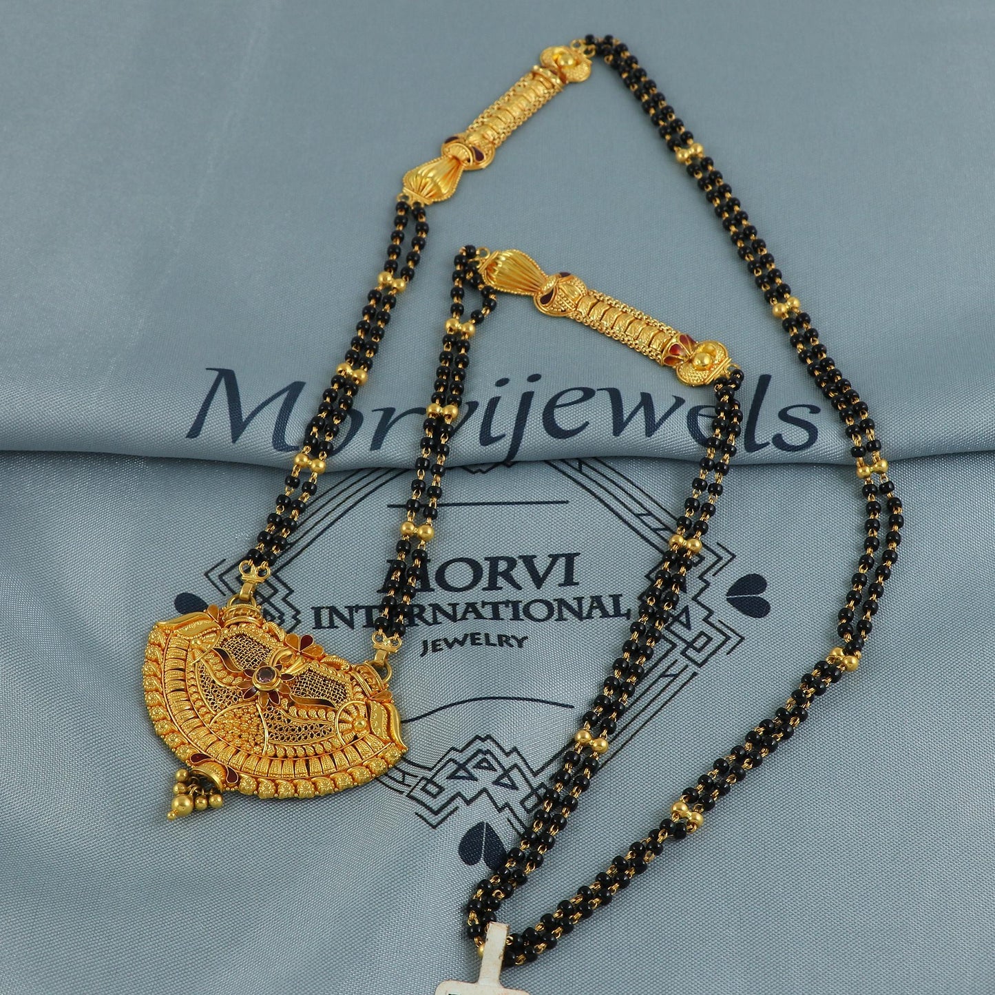 22k gold necklace mangalsutra with designer chain panels and black beads, Indian Wife Jewelry gift, Handcrafted Traditional Necklace, K6921