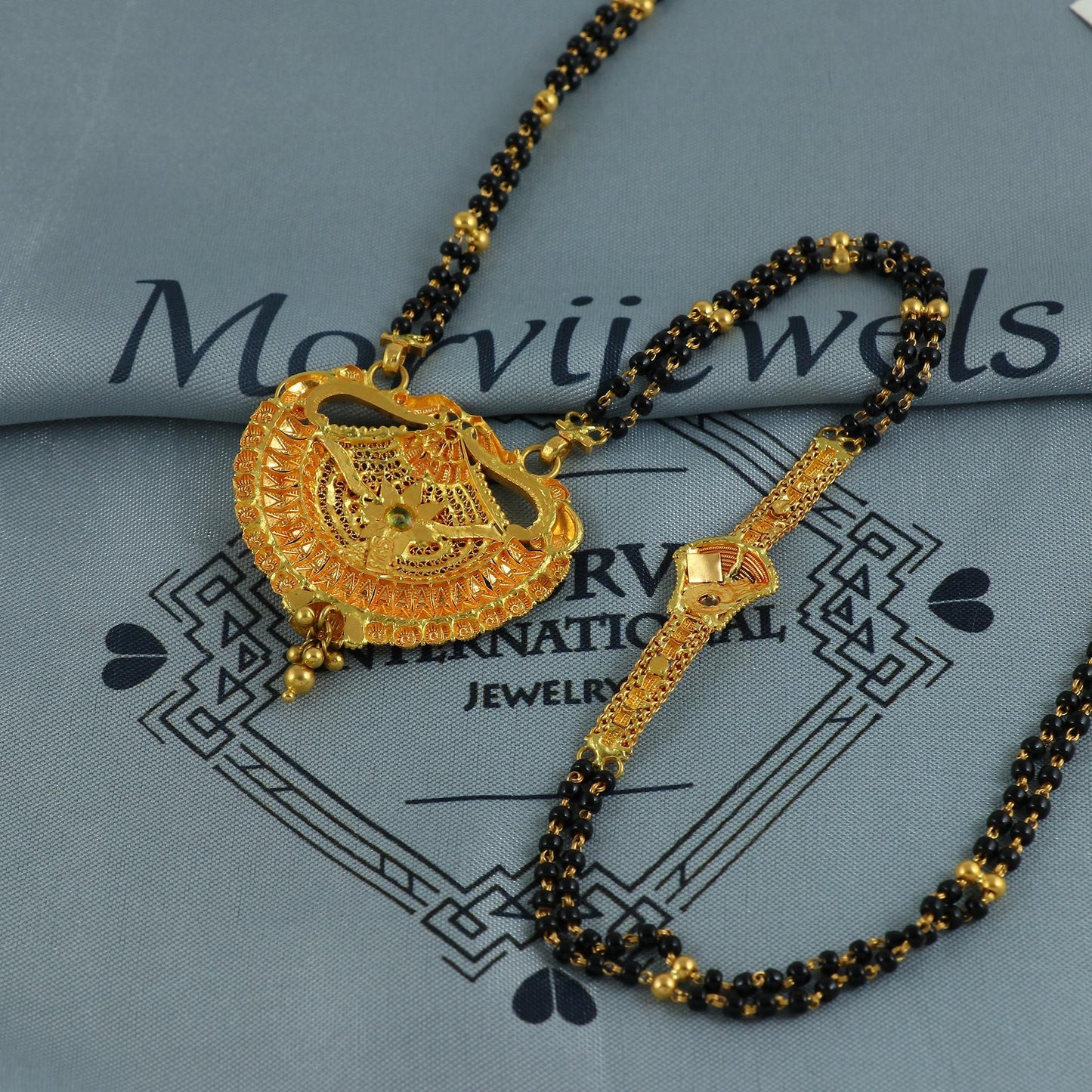 22k gold necklace mangalsutra with designer chain panels and black beads, Indian Wife Jewelry gift, Handcrafted Traditional Necklace, K6922