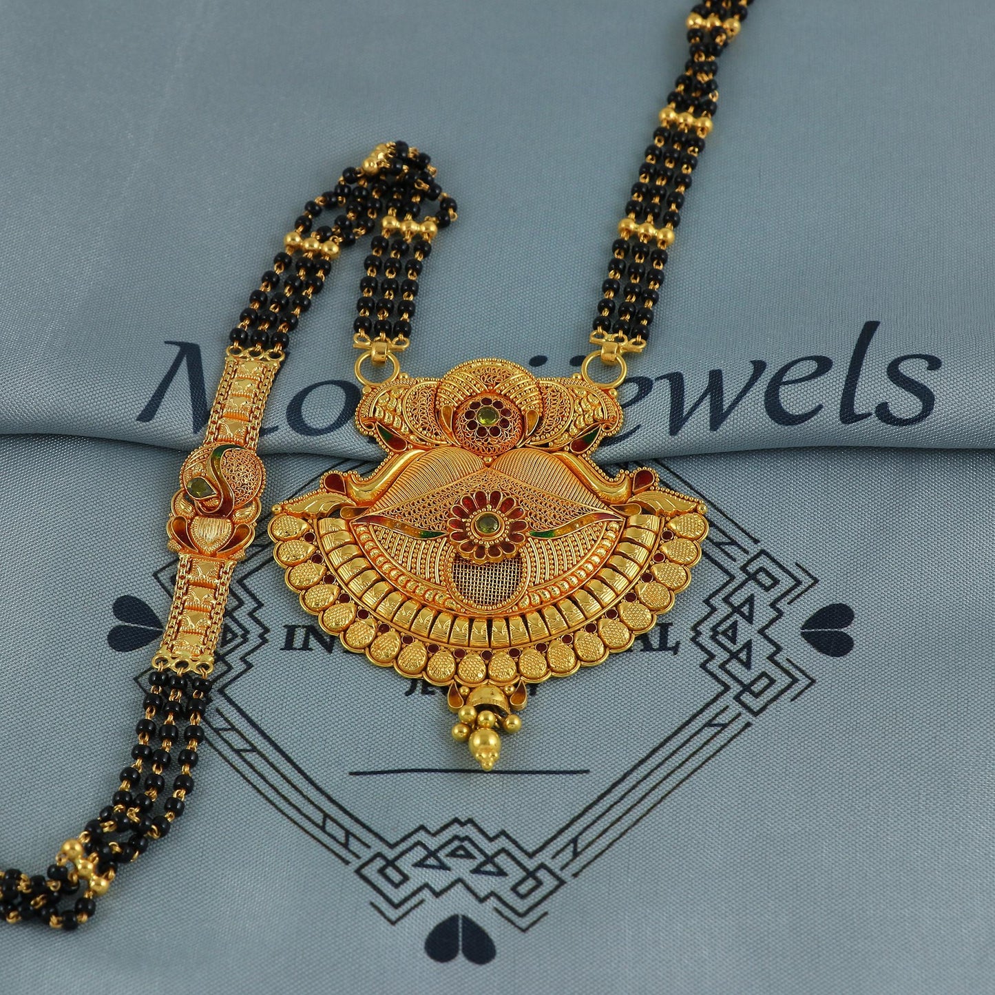 22k gold necklace mangalsutra with designer chain panels and black beads, Indian Wife Jewelry gift, Handcrafted Traditional Necklace, K6923