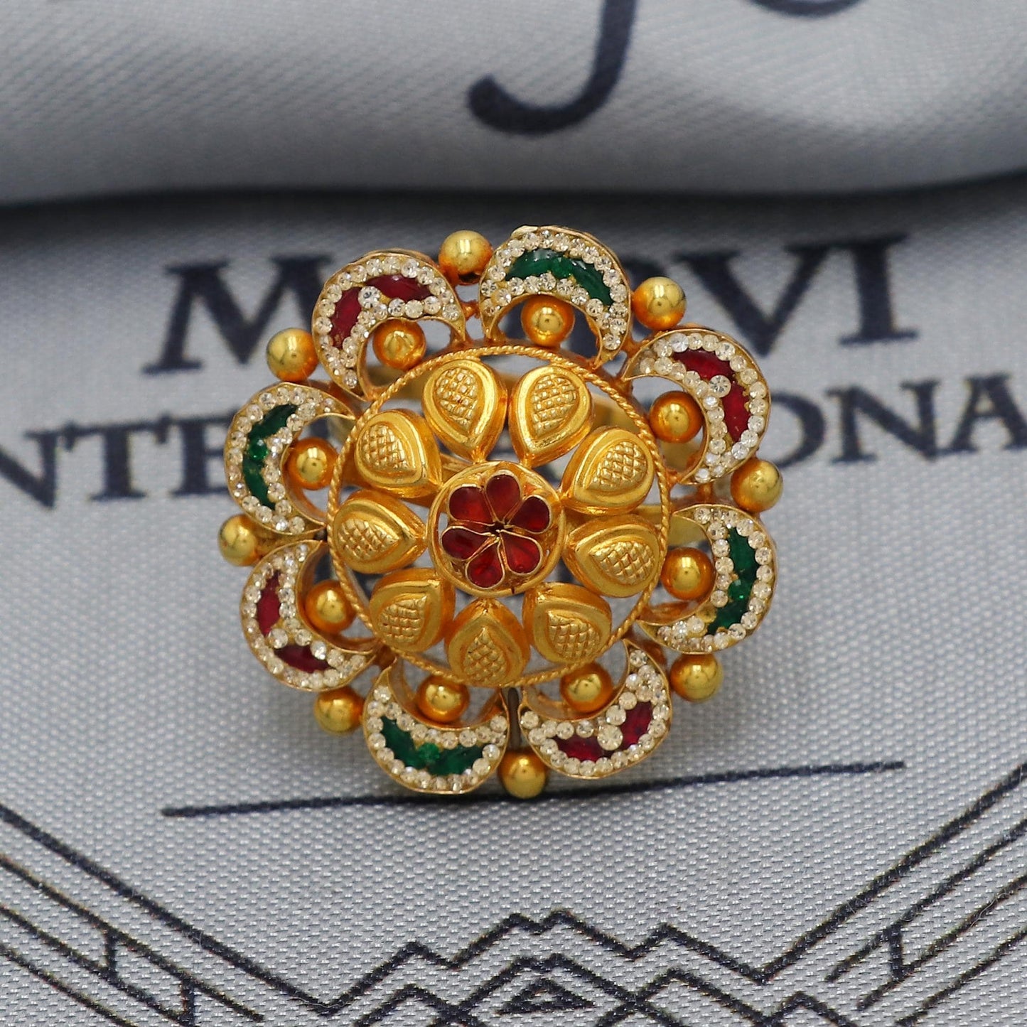 Dainty stones 22kt 22k Solid Yellow Gold Handmade Jadau Gold Ring, Wedding Traditional Ring Jewelry, K6878