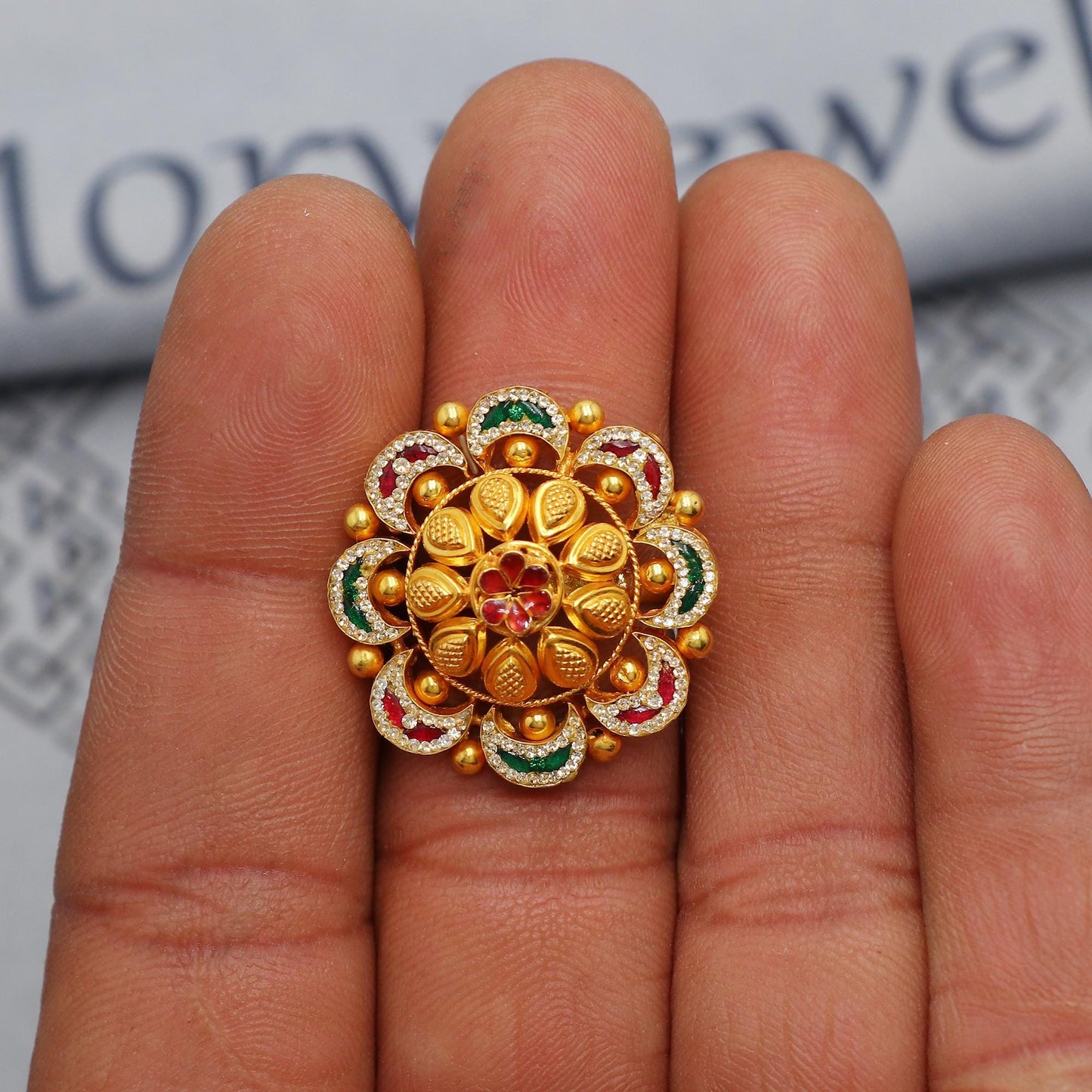 Dainty stones 22kt 22k Solid Yellow Gold Handmade Jadau Gold Ring, Wedding Traditional Ring Jewelry, K6878