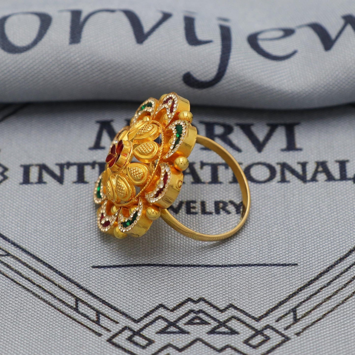 Dainty stones 22kt 22k Solid Yellow Gold Handmade Jadau Gold Ring, Wedding Traditional Ring Jewelry, K6878