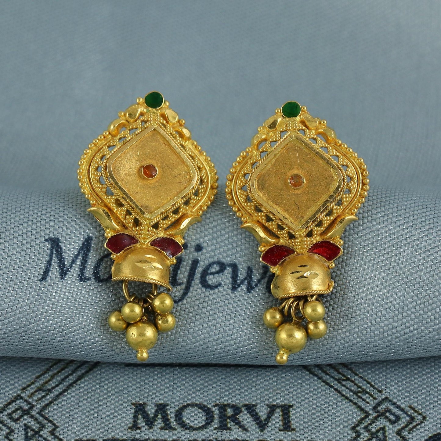 22k Yellow Gold Earrings with Small beads Dangling Handmade Jewelry, K6927
