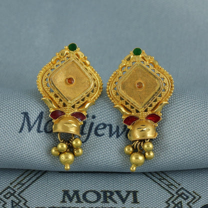 22k Yellow Gold Earrings with Small beads Dangling Handmade Jewelry, K6927