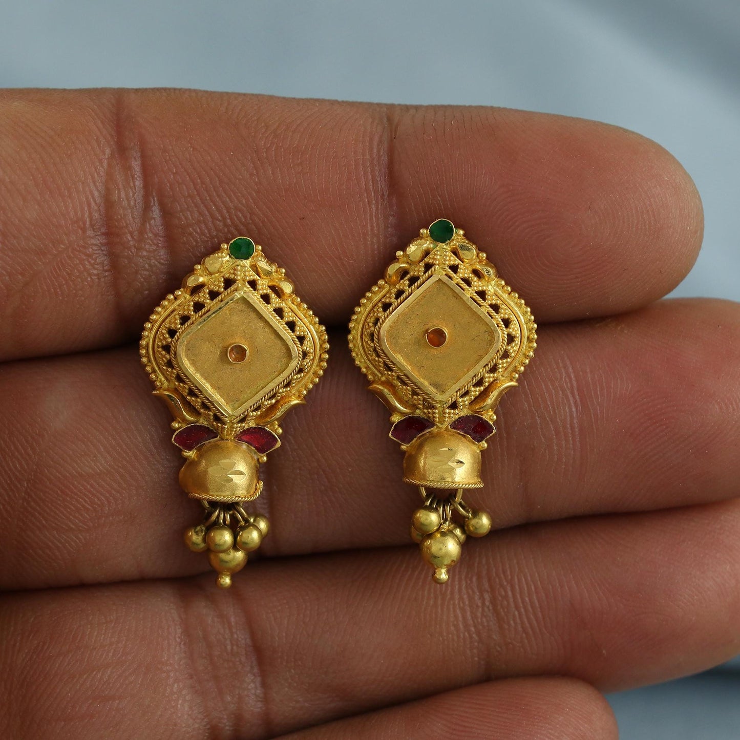 22k Yellow Gold Earrings with Small beads Dangling Handmade Jewelry, K6927