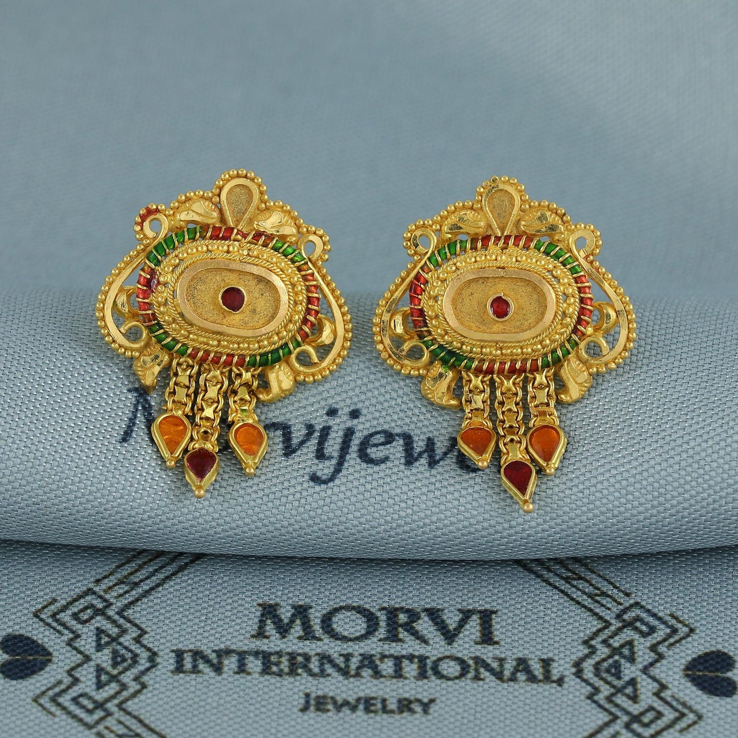 22k Yellow Gold Earrings with Small beads Dangling Handmade Jewelry, K6928