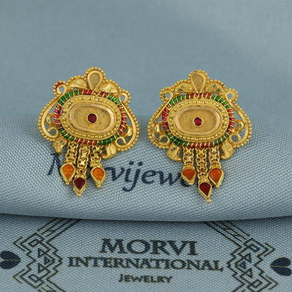 22k Yellow Gold Earrings with Small beads Dangling Handmade Jewelry, K6928