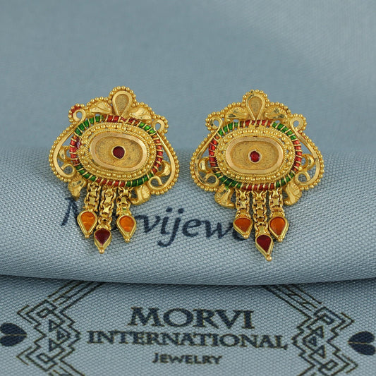 22k Yellow Gold Earrings with Small beads Dangling Handmade Jewelry, K6928