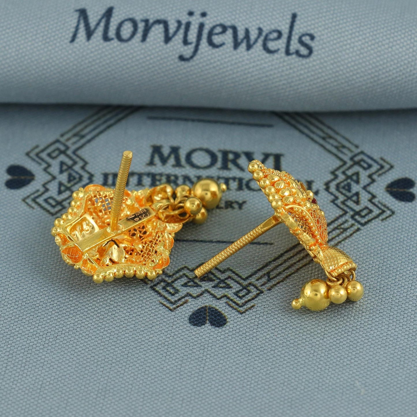 Intricate 22k Yellow Gold Earrings with Small beads Dangling Handmade Jewelry, K6929