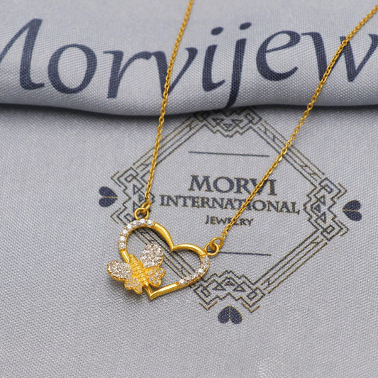 22k Gold Pendant Necklace Jewelry, Butterfly & Heart Gold Necklace, Party Wear Chain, Cubic Zirconia Heart Pendant Handmade Necklace Chain