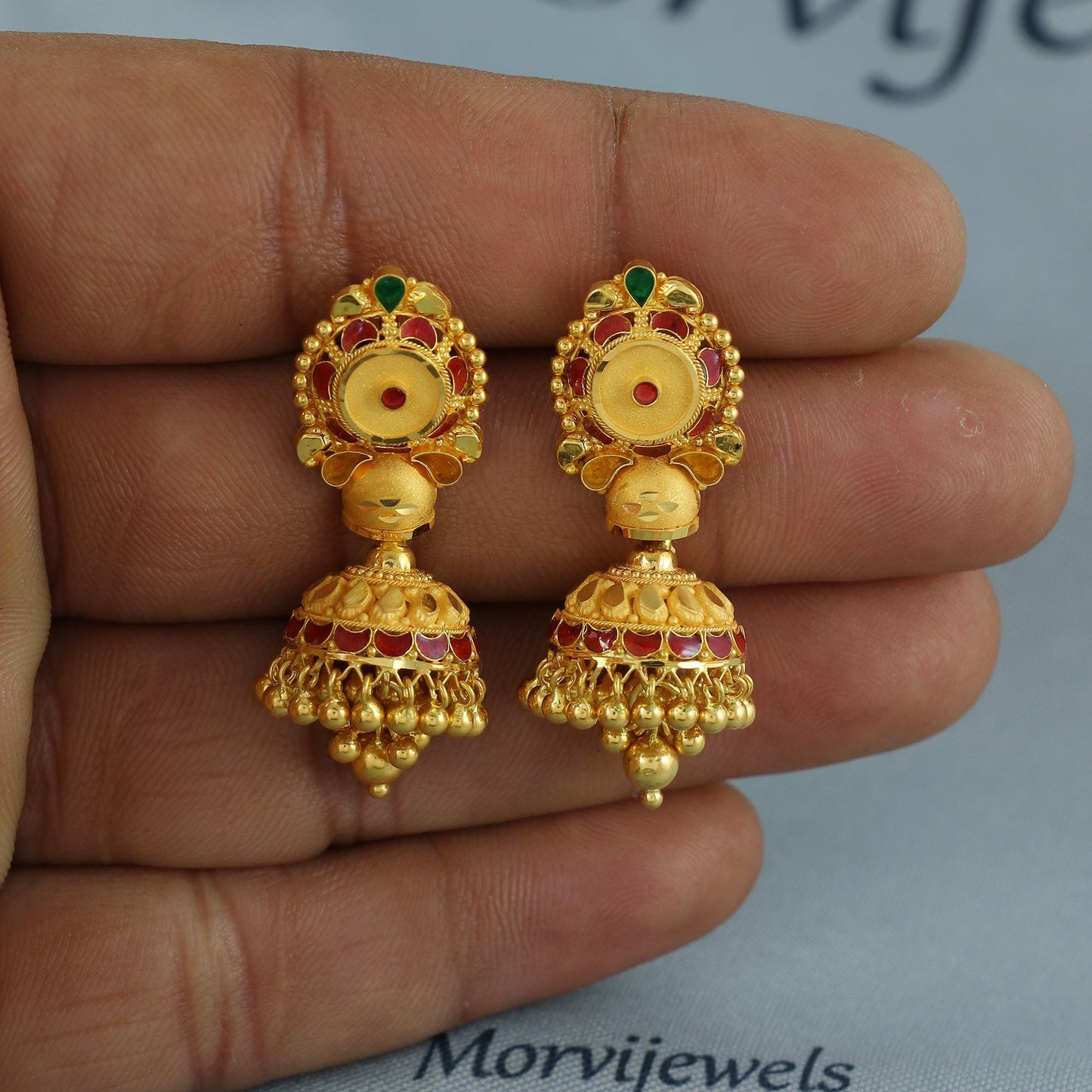 Floral 22k yellow gold earrings stud with dangling, handmade vintage Pure Traditional wedding indian style Jhumki Earrings Chandelier, K6934