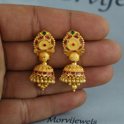 Floral 22k yellow gold earrings stud with dangling, handmade vintage Pure Traditional wedding indian style Jhumki Earrings Chandelier, K6934