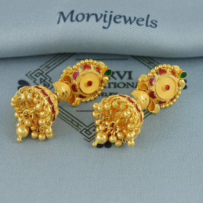 Floral 22k yellow gold earrings stud with dangling, handmade vintage Pure Traditional wedding indian style Jhumki Earrings Chandelier, K6934