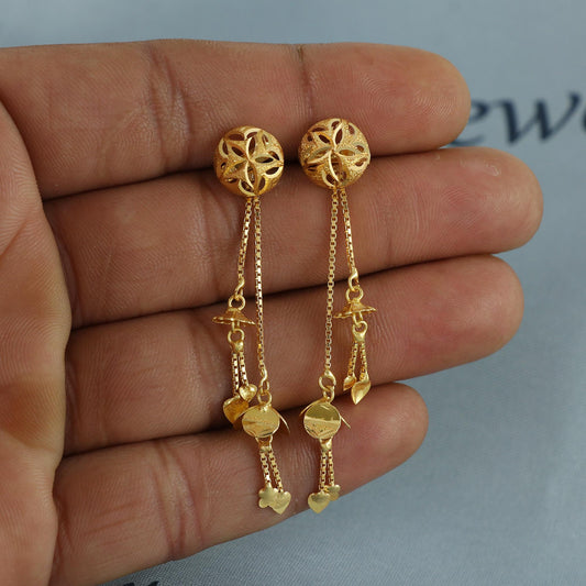 18k yellow gold earrings stud with dangling chain, handmade vintage Pure Traditional wedding indian style Earrings , K6935