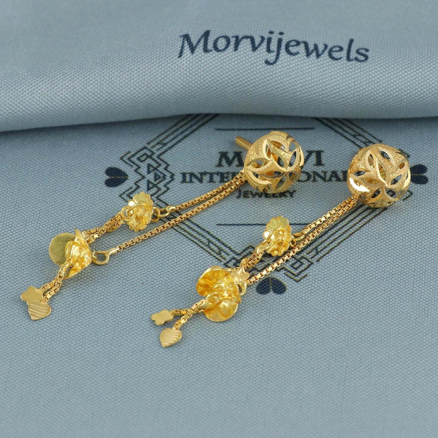 18k yellow gold earrings stud with dangling chain, handmade vintage Pure Traditional wedding indian style Earrings , K6935