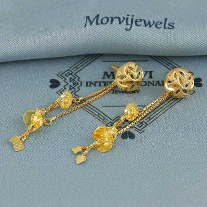 18k yellow gold earrings stud with dangling chain, handmade vintage Pure Traditional wedding indian style Earrings , K6935