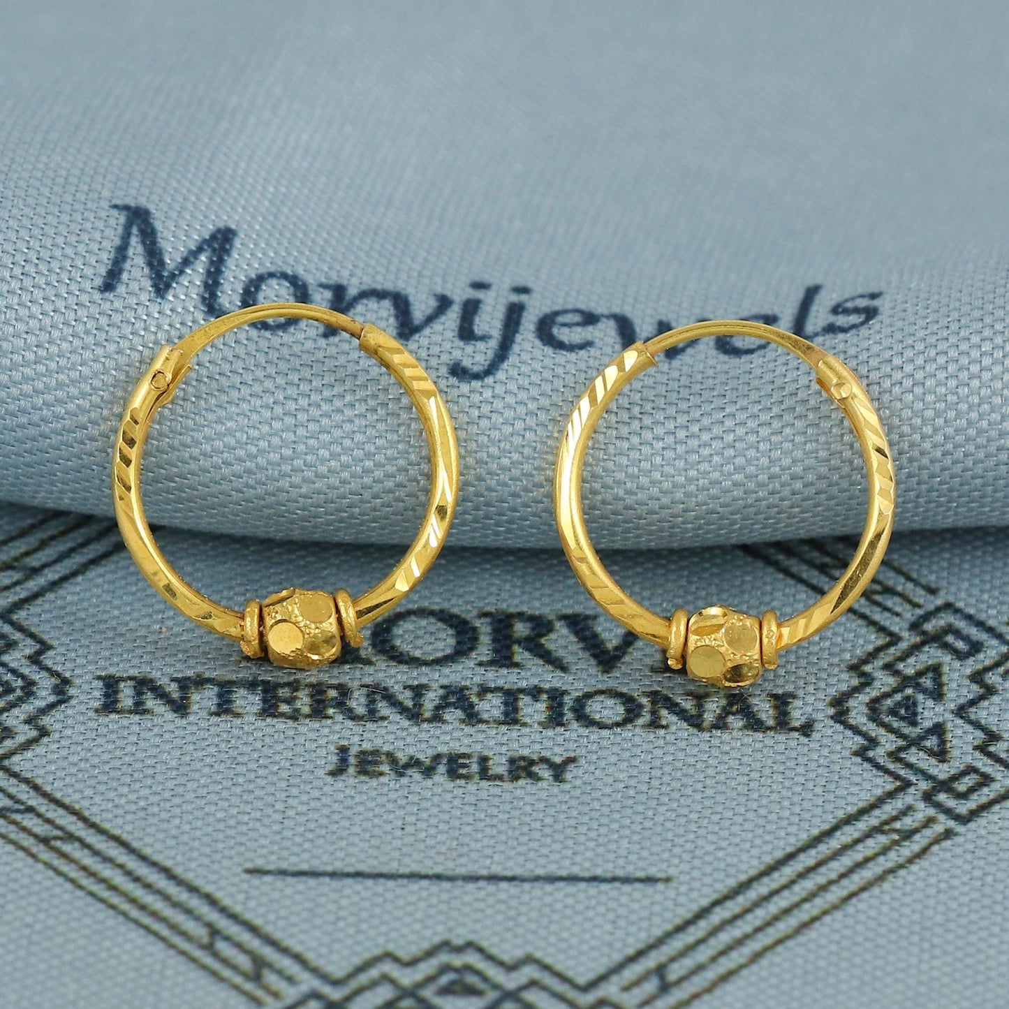 Indian 22k Yellow Gold Hoop Earrings handmade wedding women girl beads hoop indian jewelry, K6938
