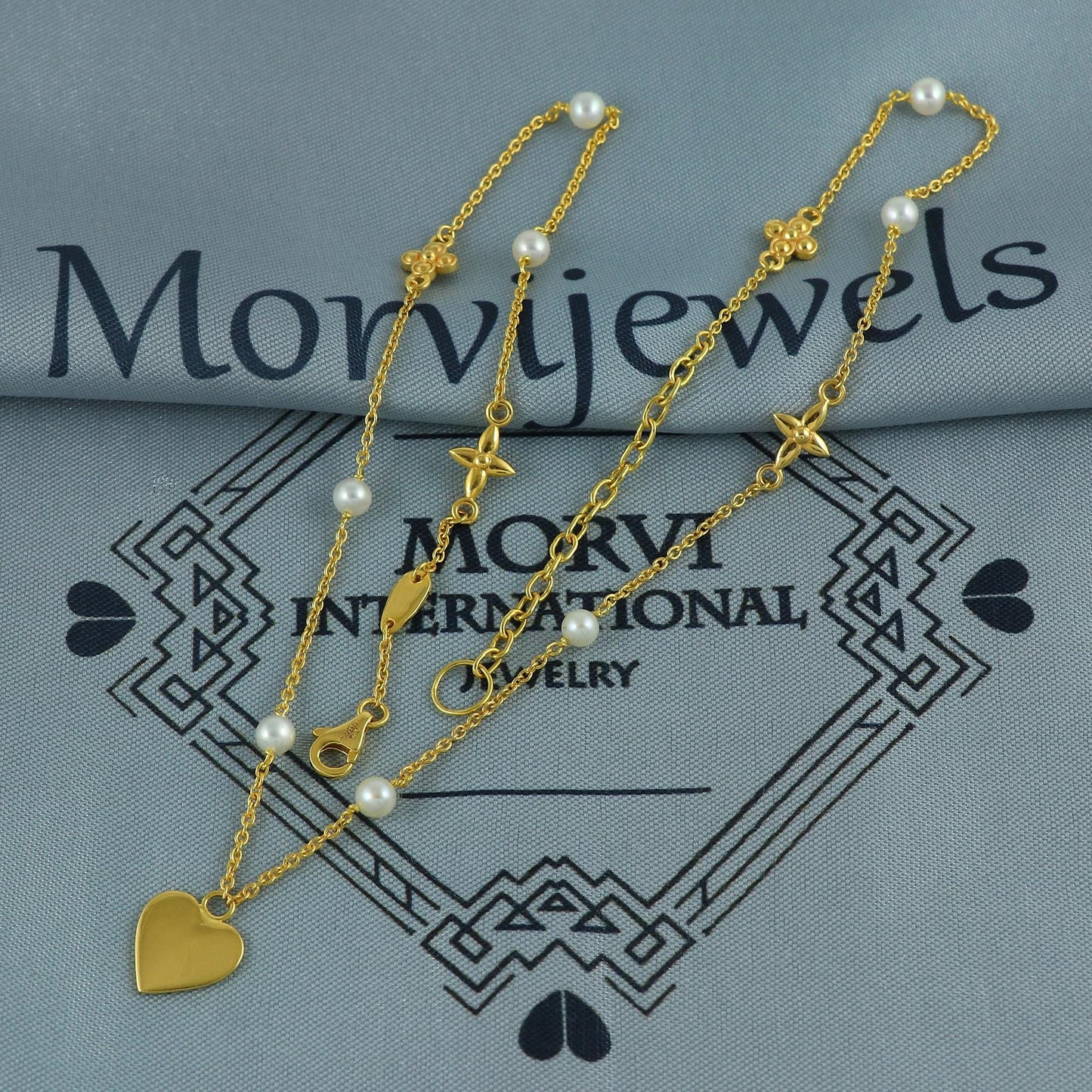 22k gold heart chain necklace with pearls and star charms handmade indian jewelry, MJ0136