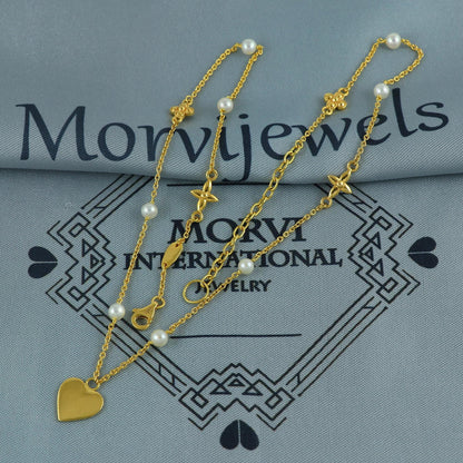 22k gold heart chain necklace with pearls and star charms handmade indian jewelry, MJ0136