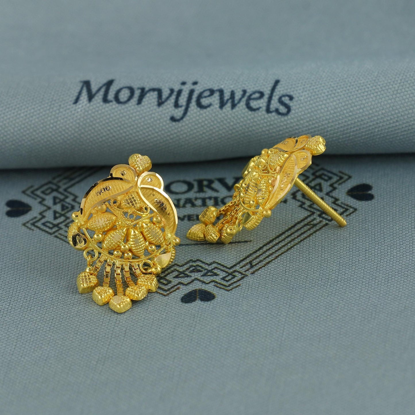 22k Yellow Gold Earrings Intricate Handmade Indian 22kt Gold Stud Dangling chain Earrings Jewelry for Gift, K6944