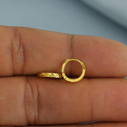 20k Yellow Gold Chevron Cut Hoop Bali Women Cartilage or Baby Earrings Small, Handmade Yellow gold earrings, gift, Real gold earrings, K6948