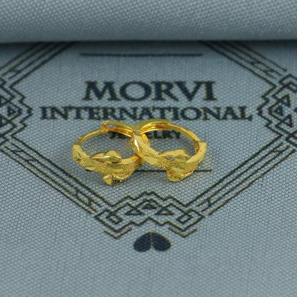 20k Yellow Gold Leaf Cut Hoop Bali Women Cartilage or Baby Earrings Small, Handmade Yellow gold earrings, gift, Real gold earrings, K6951