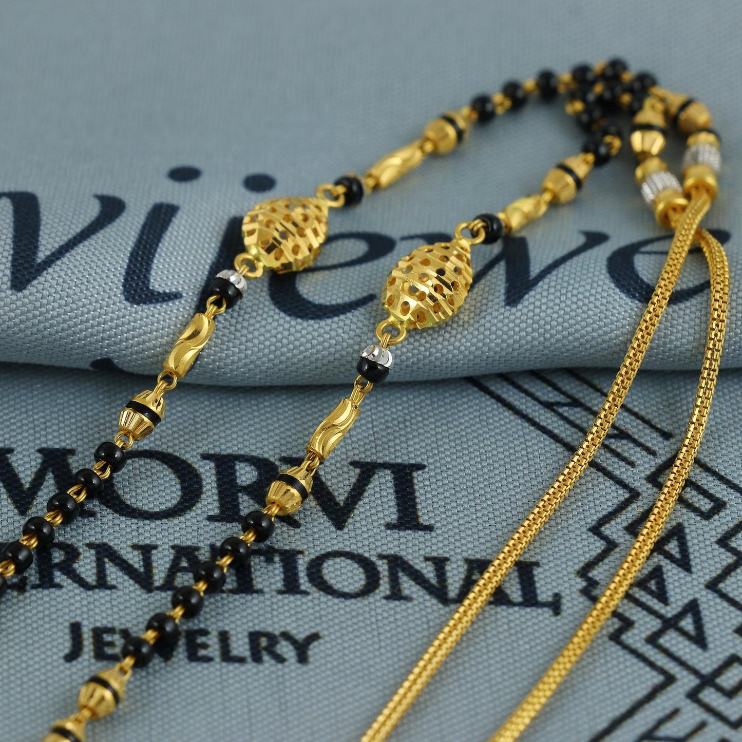 22k gold chain mangalsutra necklace with gold beads and black beads, Indian Wife Jewelry gift, K6907
