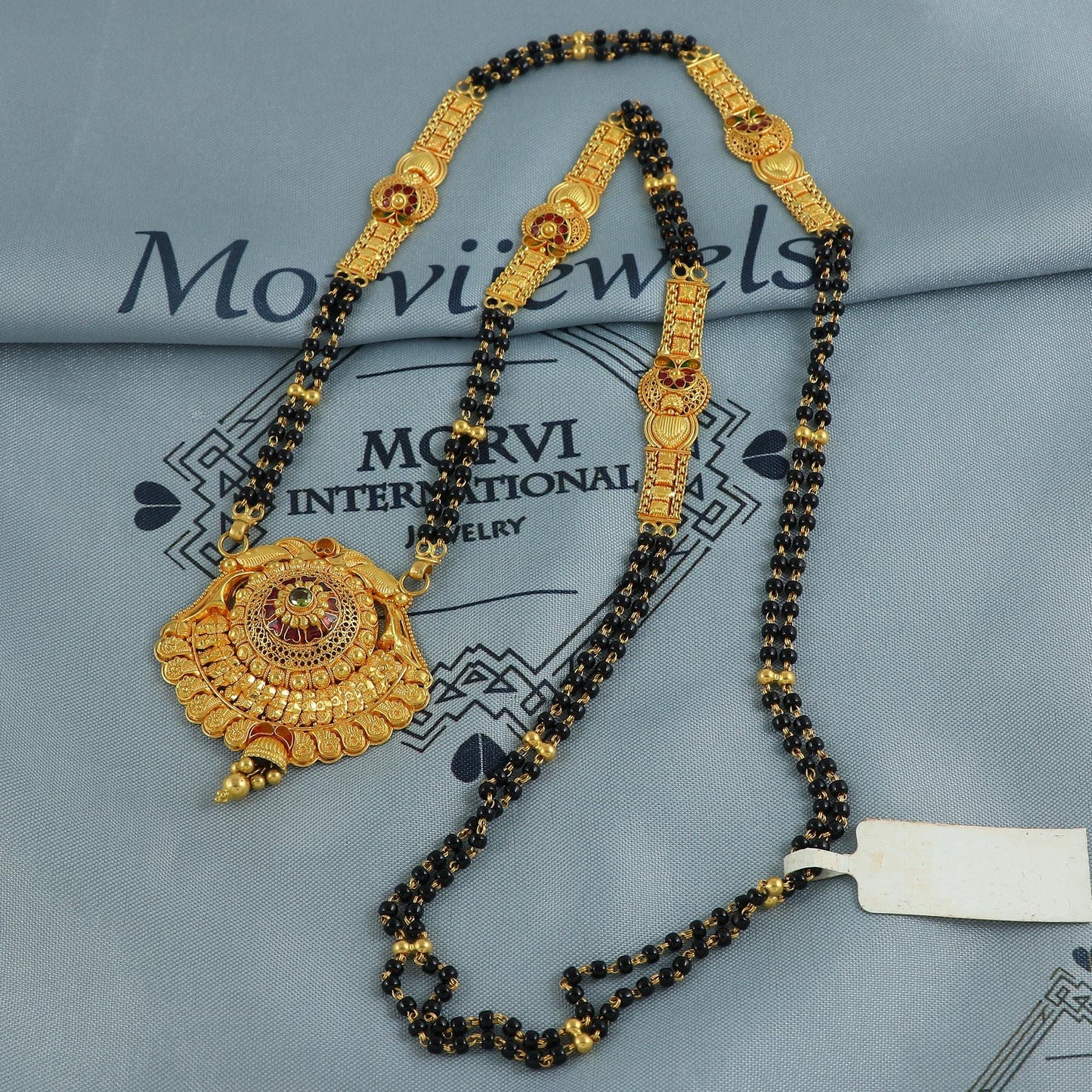 22k gold necklace mangalsutra with designer chain panels and black beads, Indian Wife Jewelry gift, Handcrafted Traditional Necklace, K6914