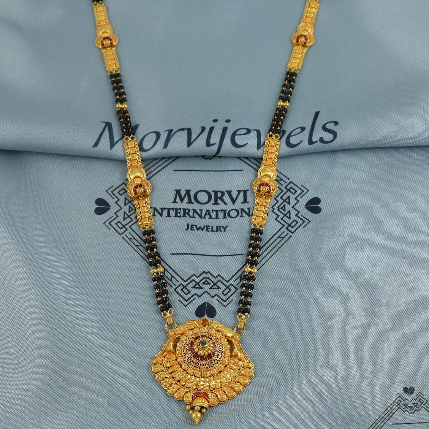 22k gold necklace mangalsutra with designer chain panels and black beads, Indian Wife Jewelry gift, Handcrafted Traditional Necklace, K6914