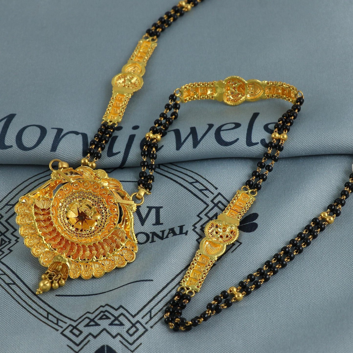 22k gold necklace mangalsutra with designer chain panels and black beads, Indian Wife Jewelry gift, Handcrafted Traditional Necklace, K6914