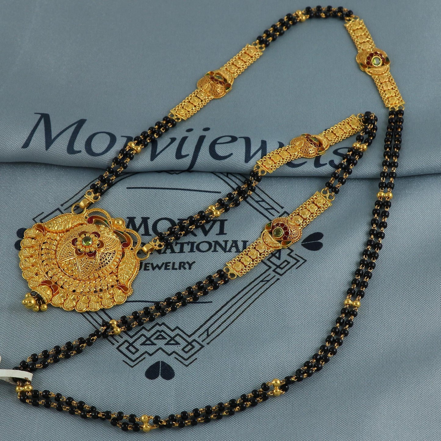22k gold necklace mangalsutra with designer chain panels and black beads, Indian Wife Jewelry gift, Handcrafted Traditional Necklace, K6915