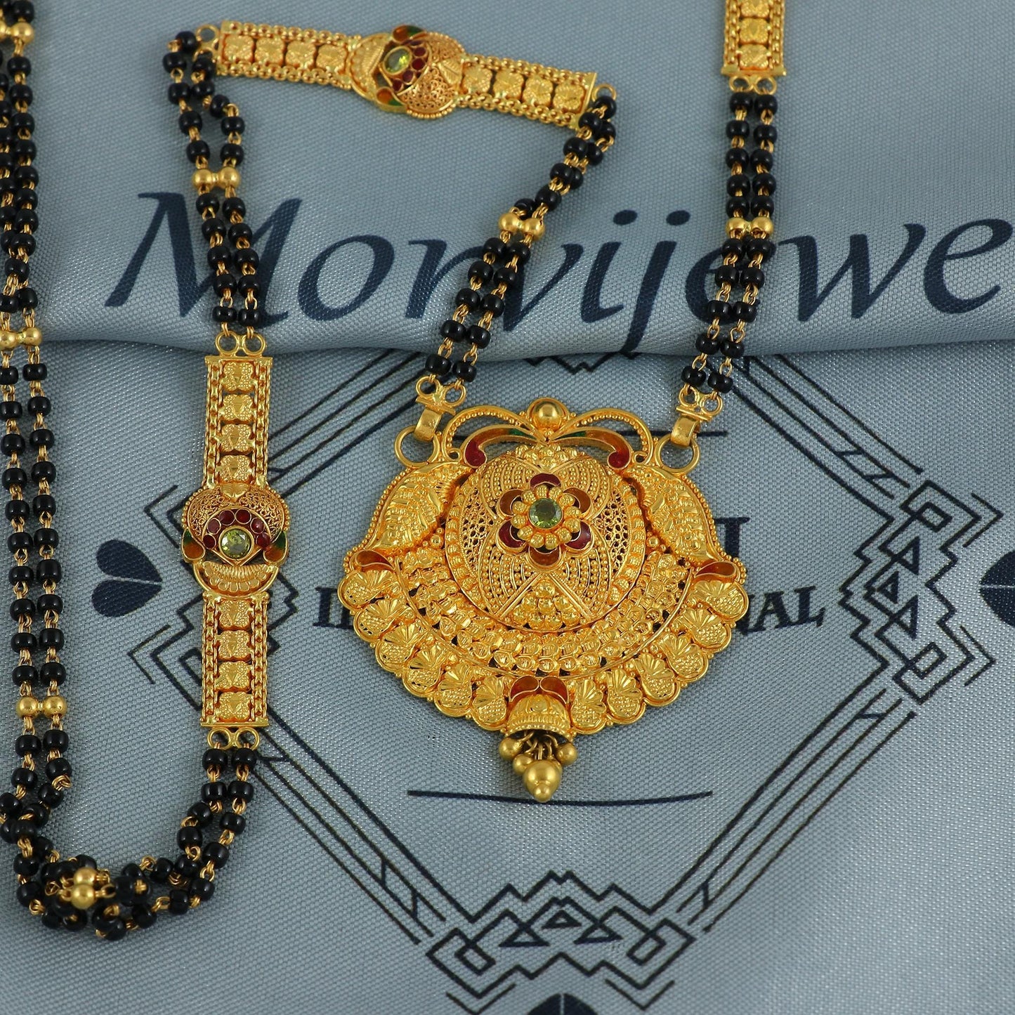 22k gold necklace mangalsutra with designer chain panels and black beads, Indian Wife Jewelry gift, Handcrafted Traditional Necklace, K6915