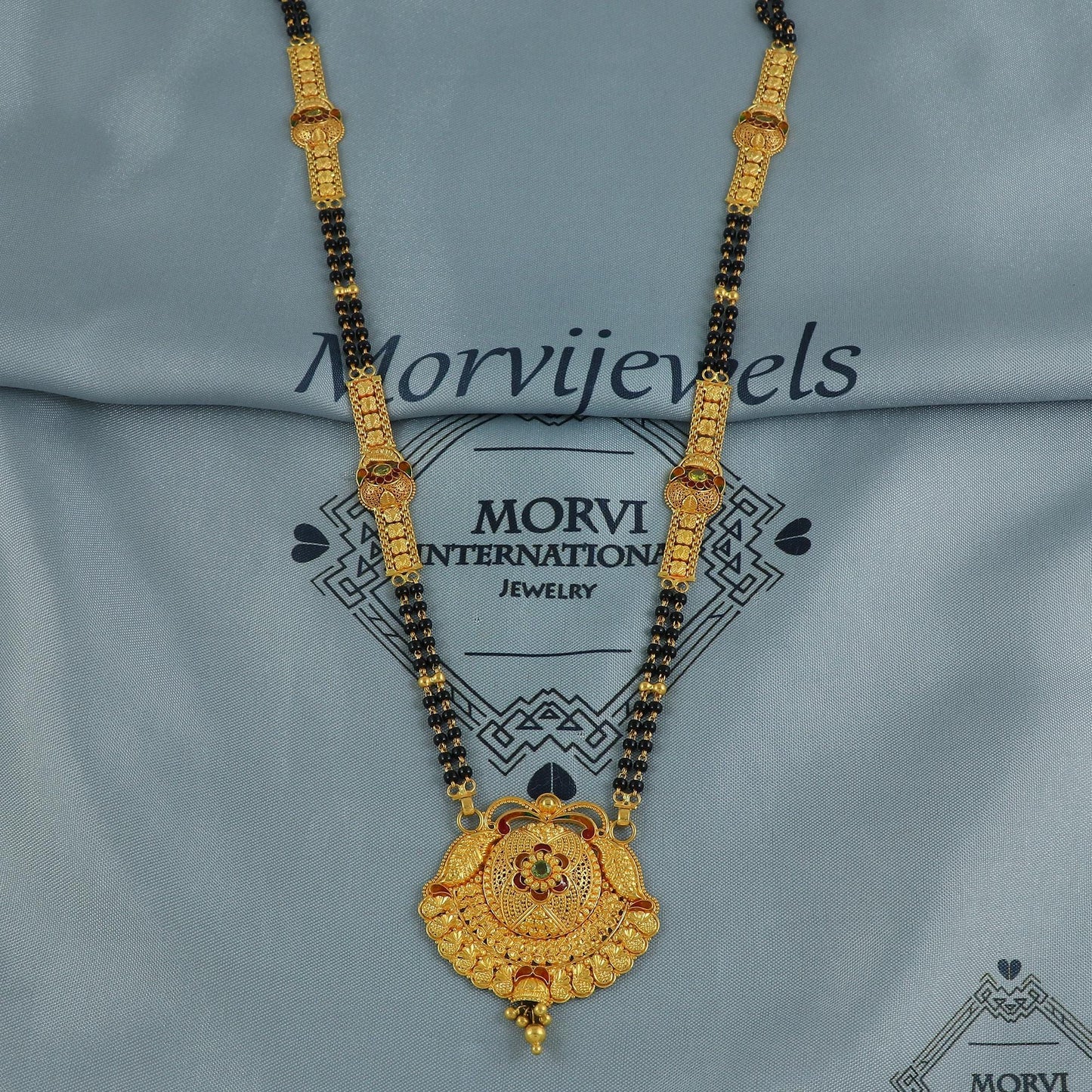 22k gold necklace mangalsutra with designer chain panels and black beads, Indian Wife Jewelry gift, Handcrafted Traditional Necklace, K6915