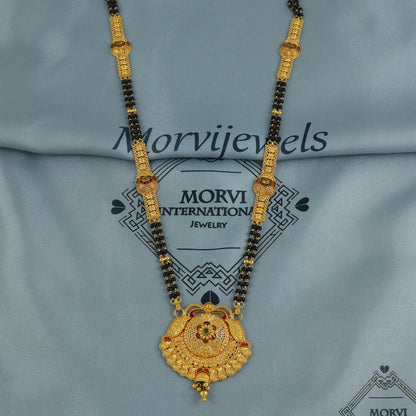 22k gold necklace mangalsutra with designer chain panels and black beads, Indian Wife Jewelry gift, Handcrafted Traditional Necklace, K6915