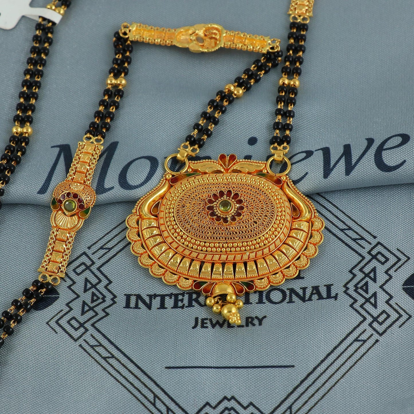 22k gold necklace mangalsutra with designer chain panels and black beads, Indian Wife Jewelry gift, Handcrafted Traditional Necklace, K6917