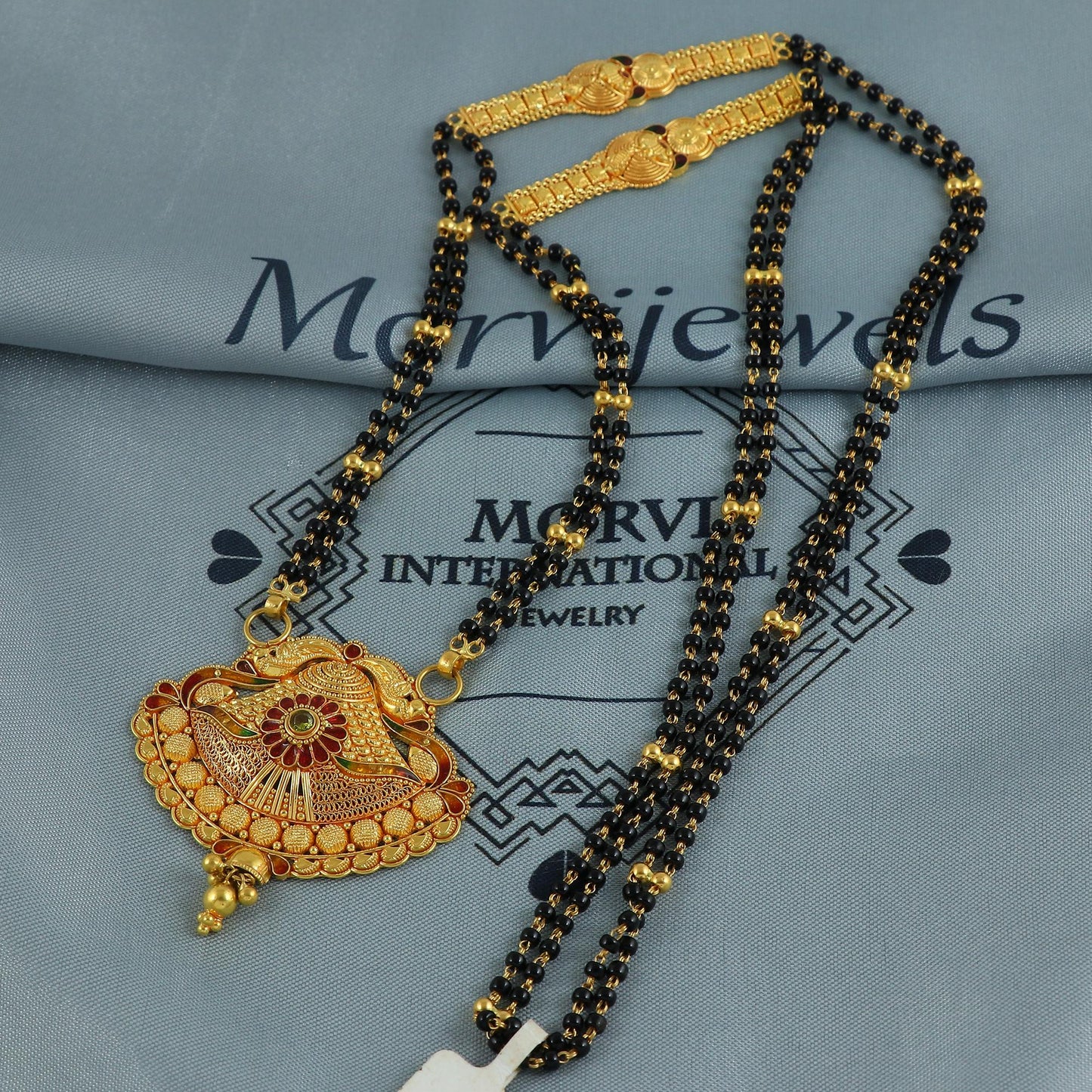 22k gold necklace mangalsutra with designer chain panels and black beads, Indian Wife Jewelry gift, Handcrafted Traditional Necklace, K6918