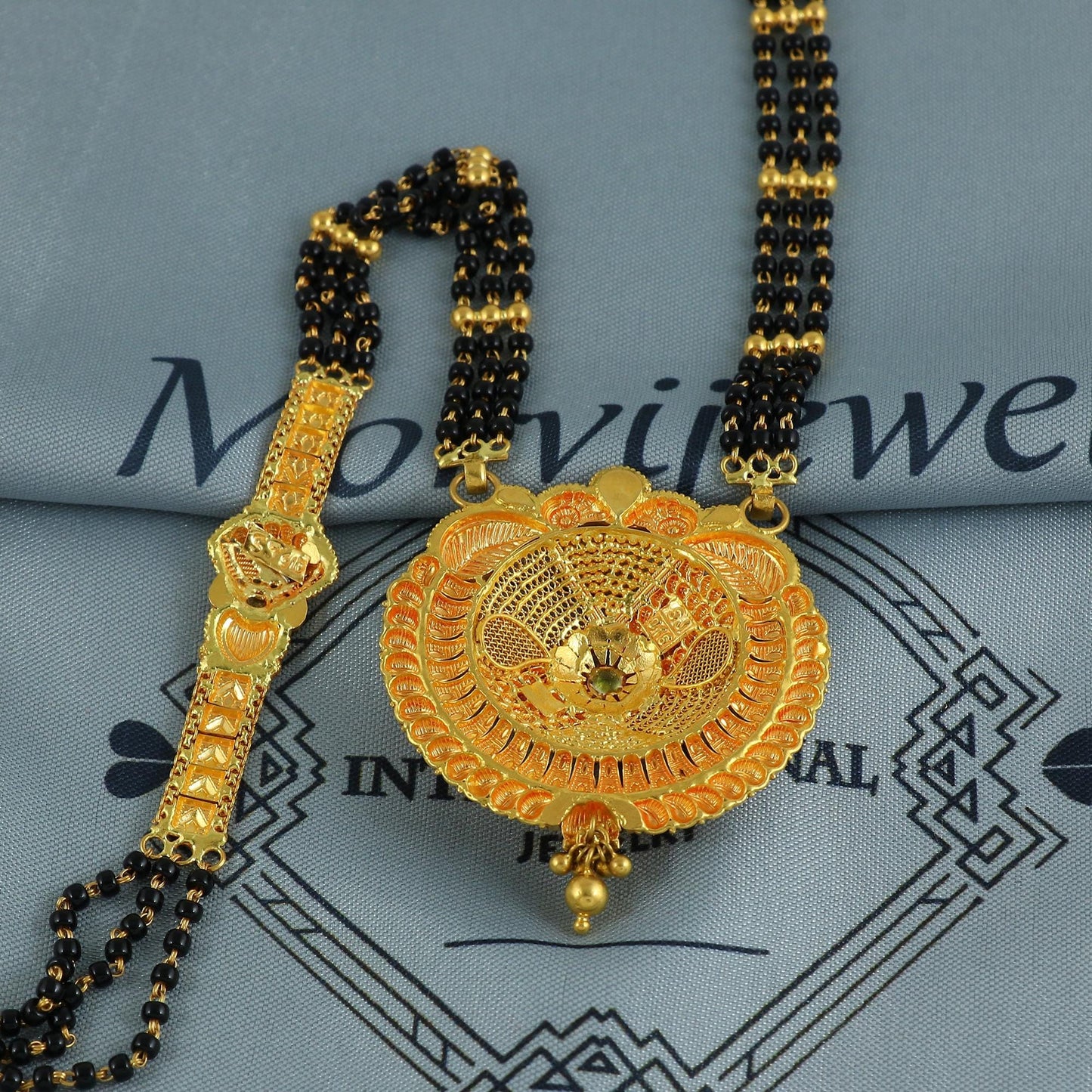 22k gold necklace mangalsutra with designer chain panels and black beads, Indian Wife Jewelry gift, Handcrafted Traditional Necklace, K6919