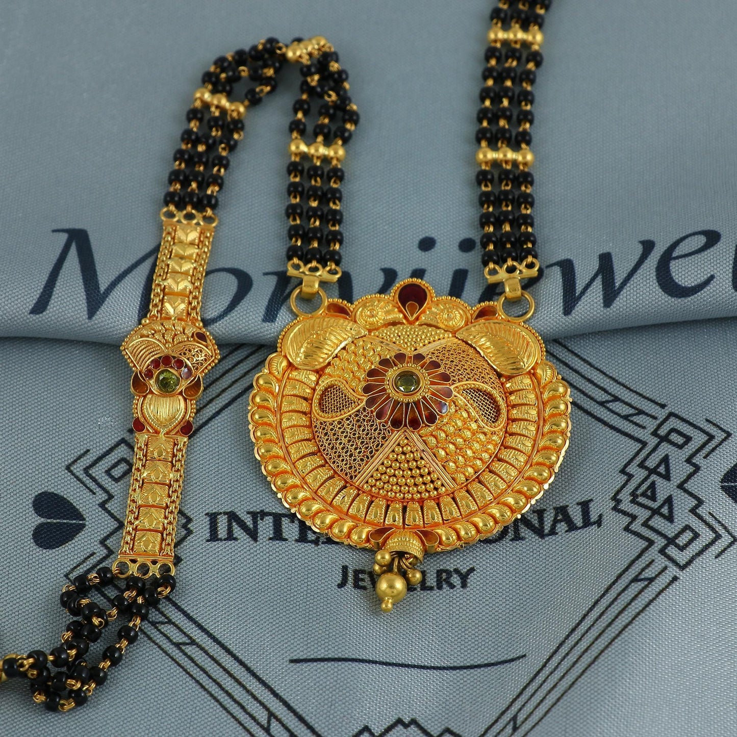 22k gold necklace mangalsutra with designer chain panels and black beads, Indian Wife Jewelry gift, Handcrafted Traditional Necklace, K6919