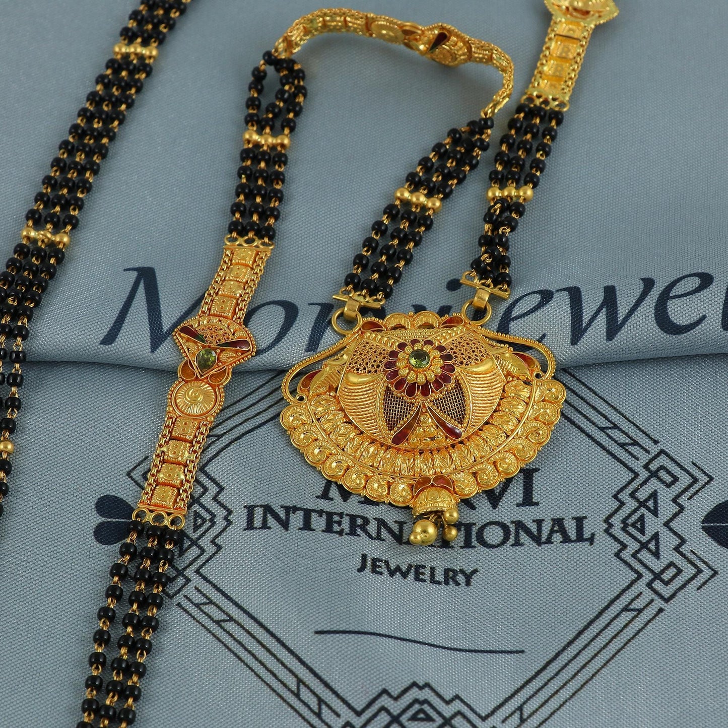 22k gold necklace mangalsutra with designer chain panels and black beads, Indian Wife Jewelry gift, Handcrafted Traditional Necklace, K6920