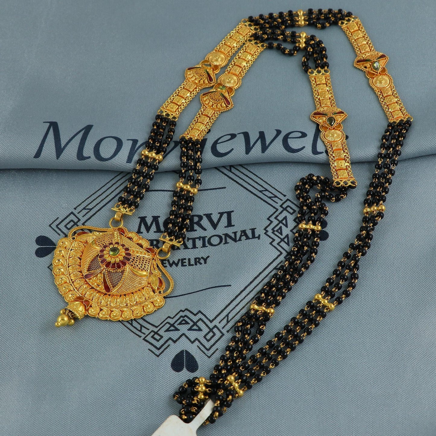 22k gold necklace mangalsutra with designer chain panels and black beads, Indian Wife Jewelry gift, Handcrafted Traditional Necklace, K6920