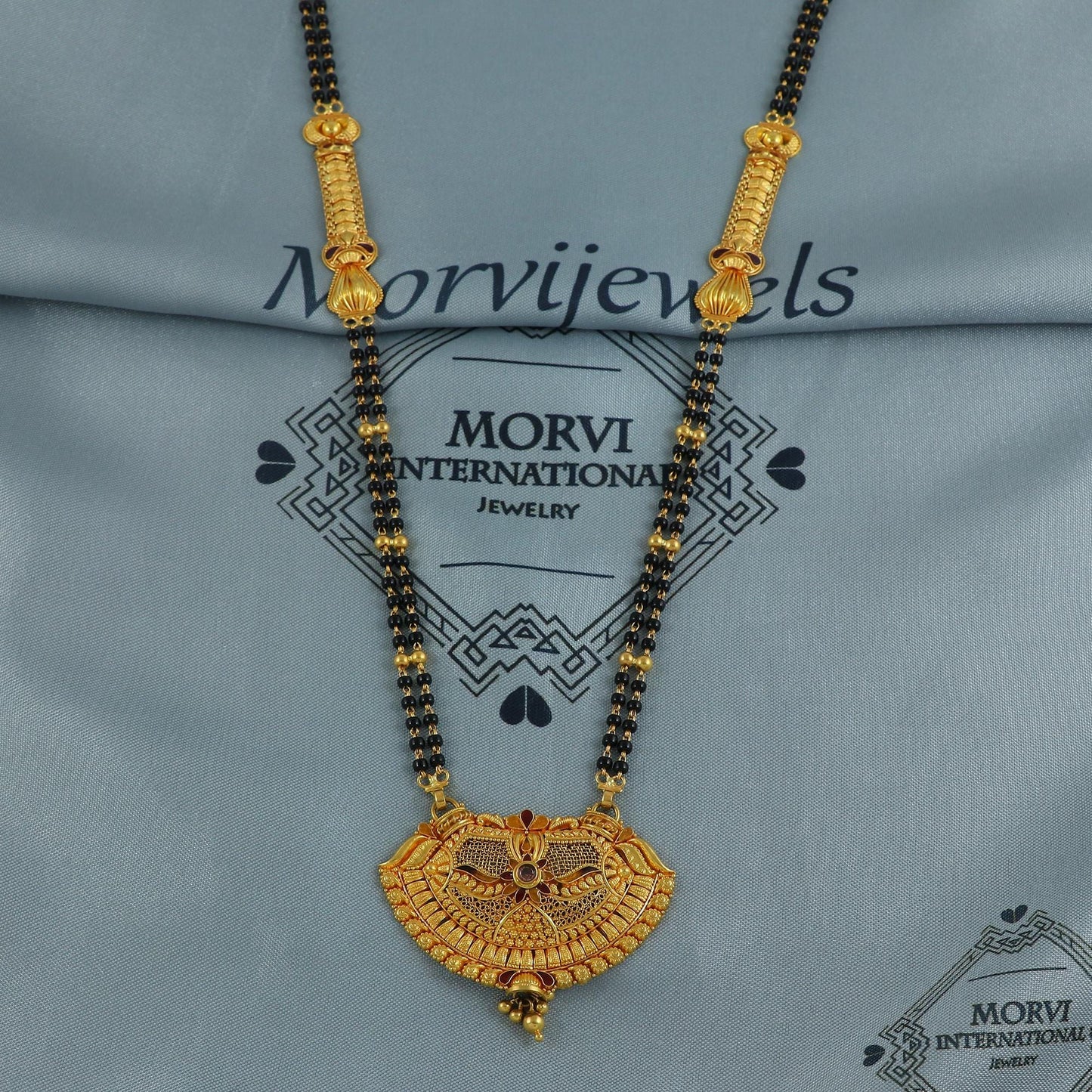 22k gold necklace mangalsutra with designer chain panels and black beads, Indian Wife Jewelry gift, Handcrafted Traditional Necklace, K6921