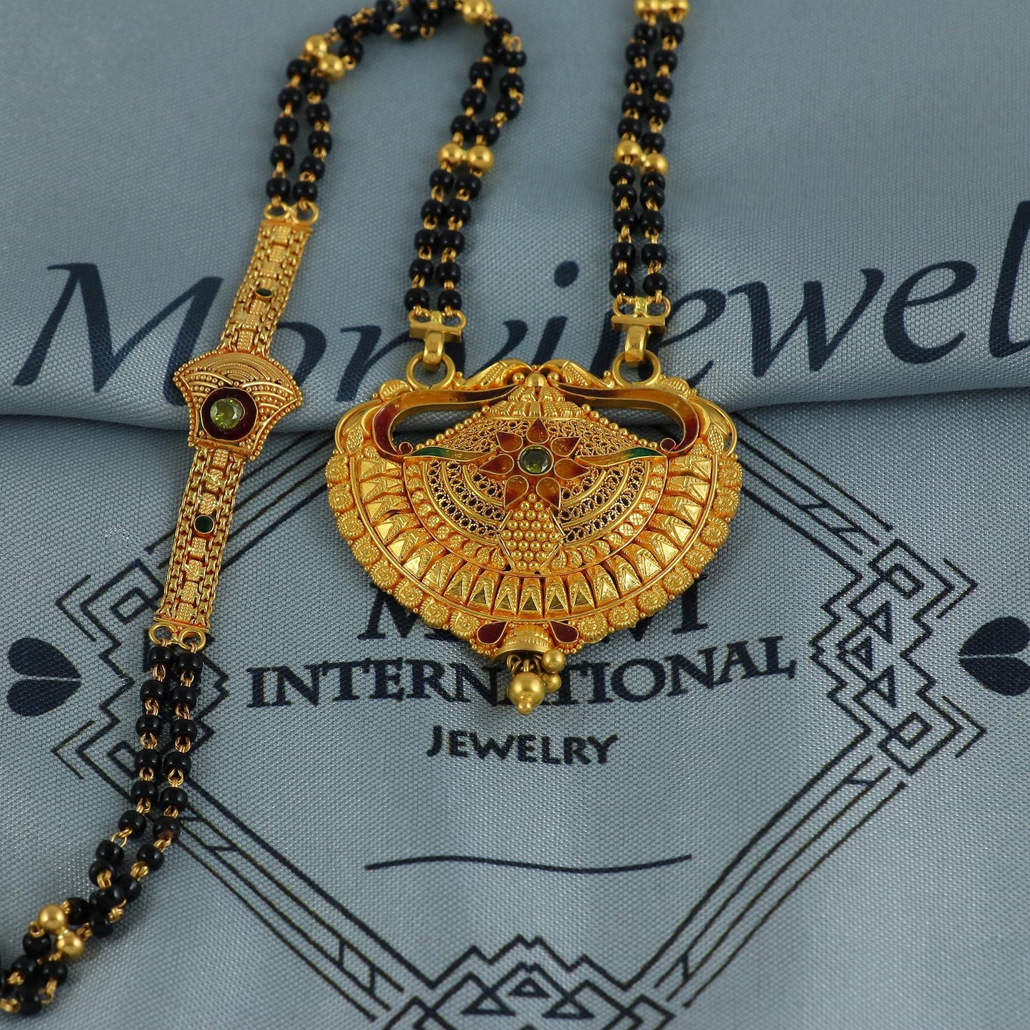 22k gold necklace mangalsutra with designer chain panels and black beads, Indian Wife Jewelry gift, Handcrafted Traditional Necklace, K6922