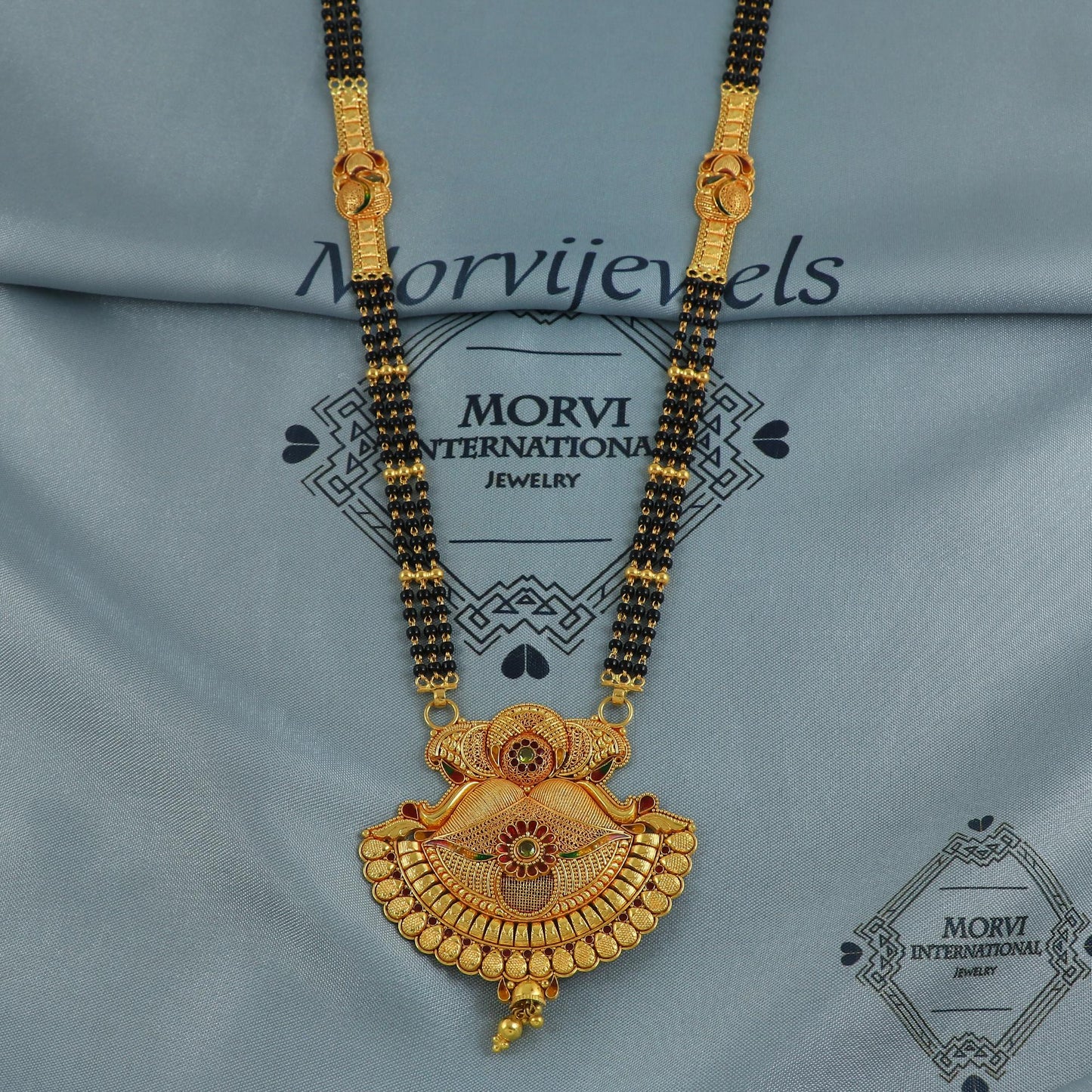 22k gold necklace mangalsutra with designer chain panels and black beads, Indian Wife Jewelry gift, Handcrafted Traditional Necklace, K6923